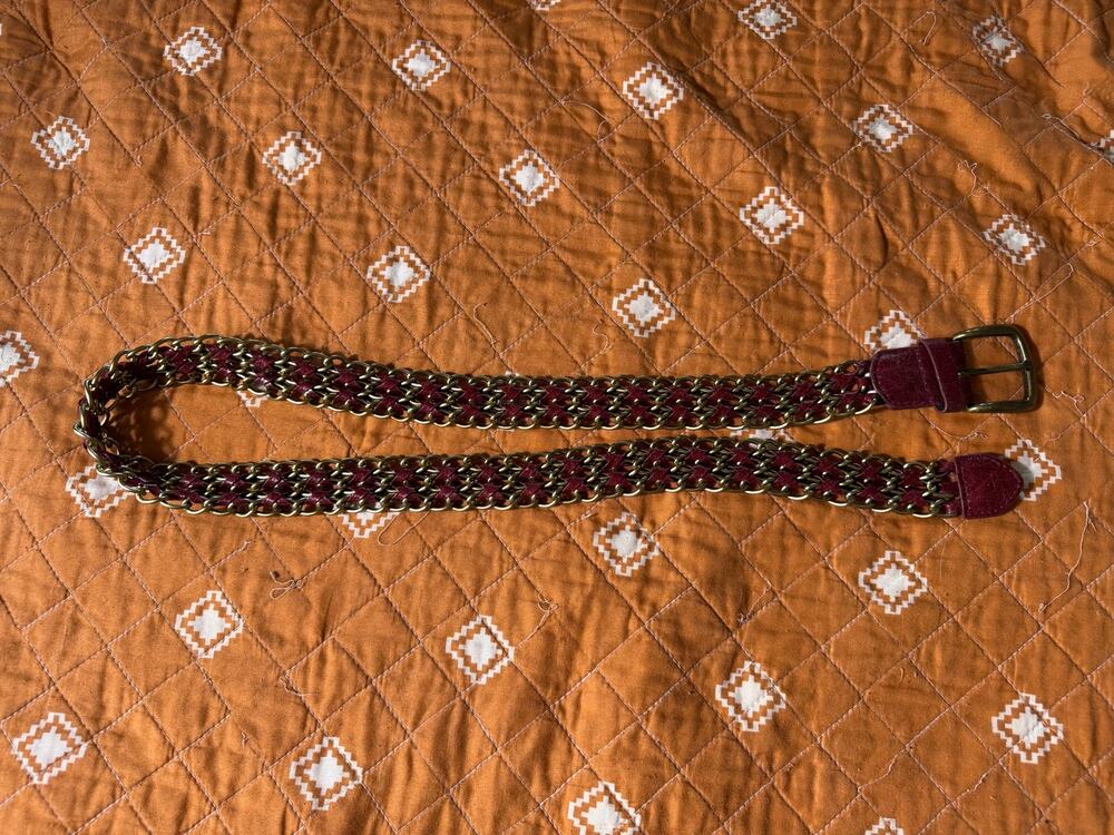 Burgundy Chain Belt 42” Woven Braided Antique Gold Brass Boho Statement